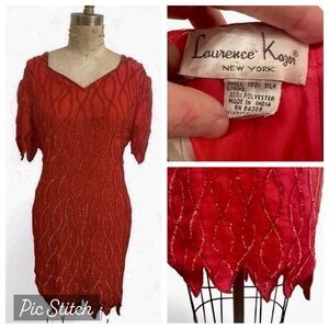 Sequin Beaded Vintage Laurence Kazar Red Gatsby Flapper Art Deco Mini Dress Sz S